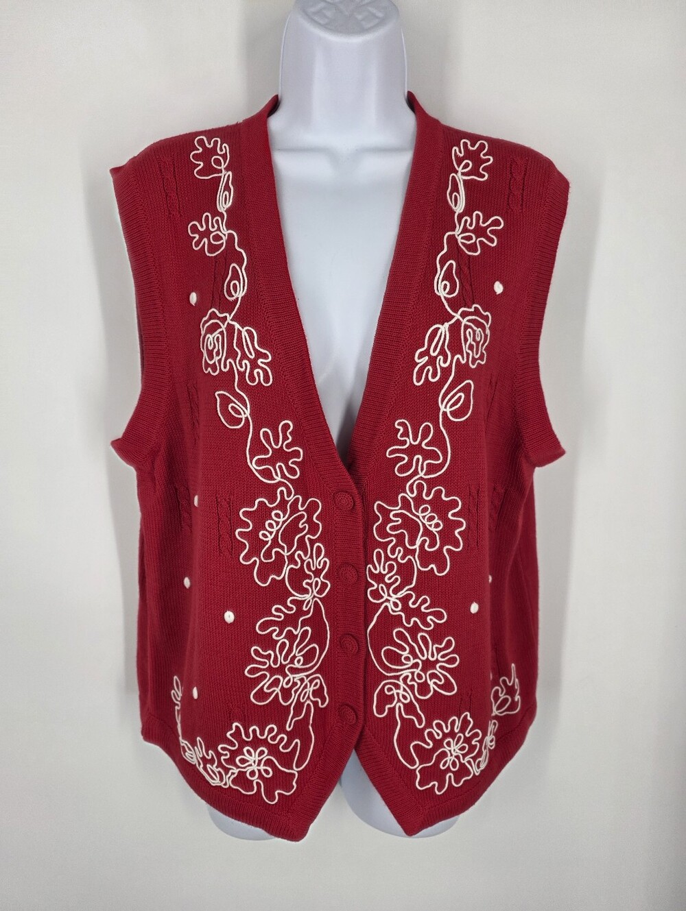 Alfred Dunner Vintage Red Knit Sweater Vest M Floral Soutache Embroidered